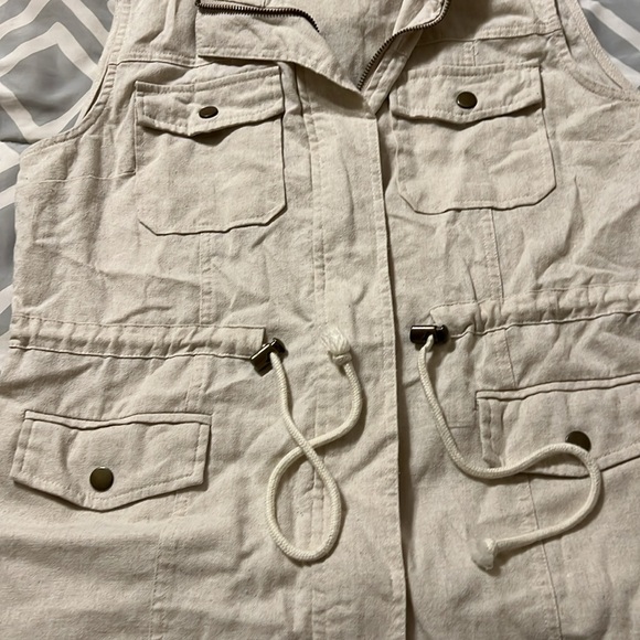 Tan cotton linen zip vest L - Picture 2 of 7